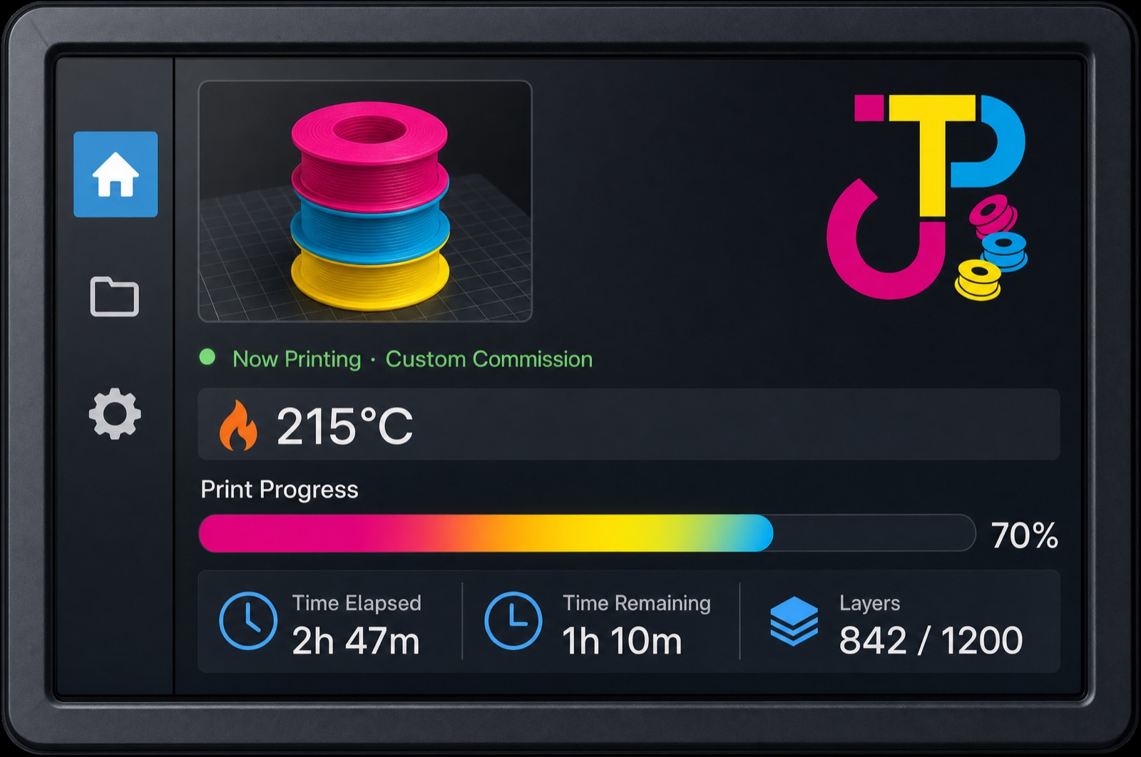 JTP 3D printer touchscreen showing a custom print job dashboard