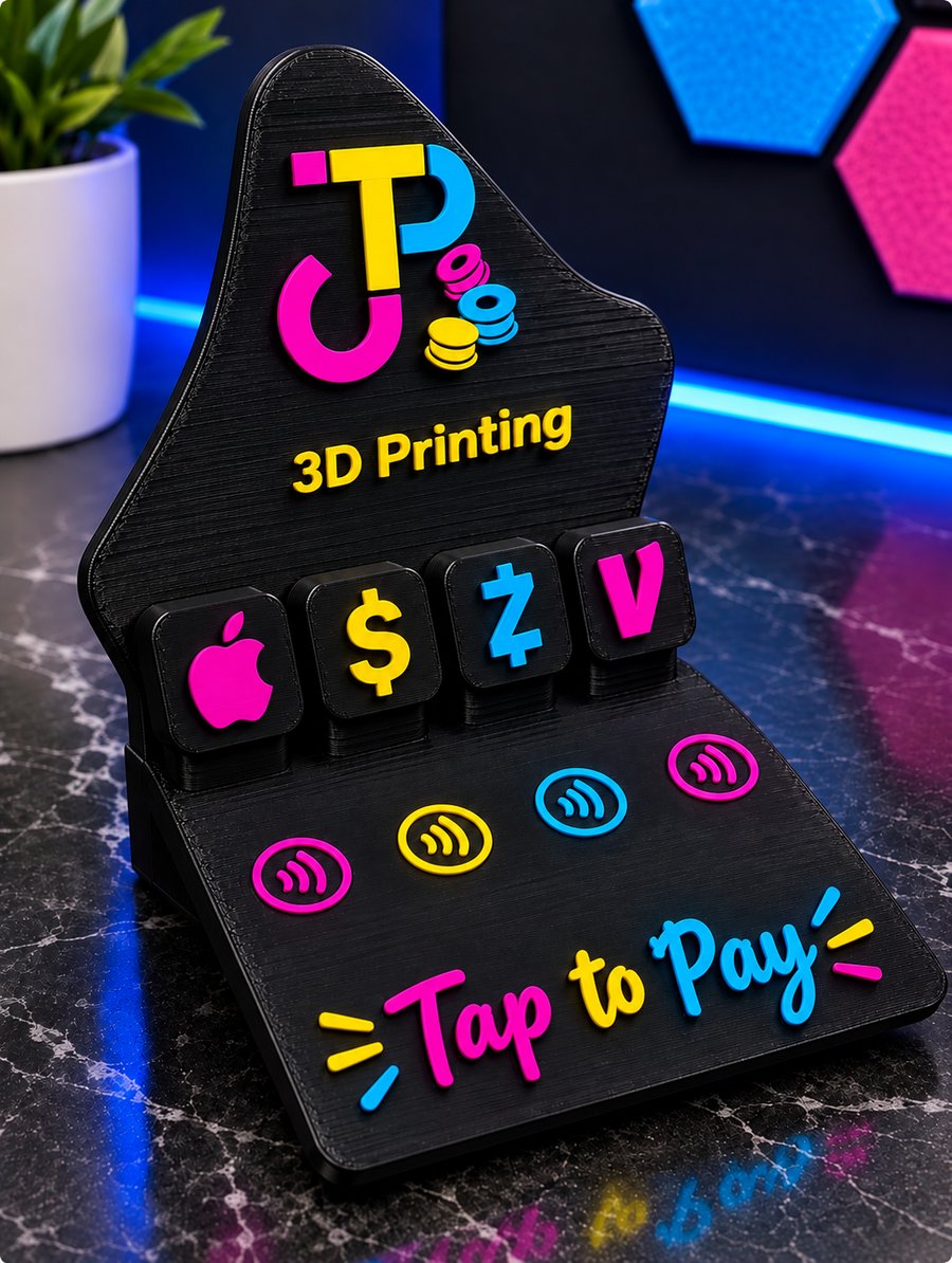 Custom JTP 3D Tap to Pay NFC card stand with Apple Pay, Zelle, Venmo, and cash buttons