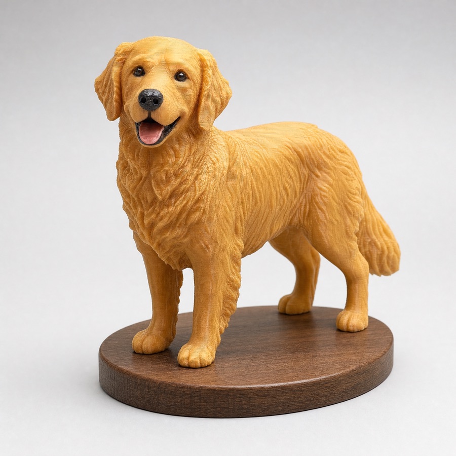 Custom pet portrait figurine on a wood display base